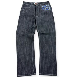 Y2K Texas Bronco Jeans Men's 34 Black Wide Leg Baggy Fit Embellished Pockets